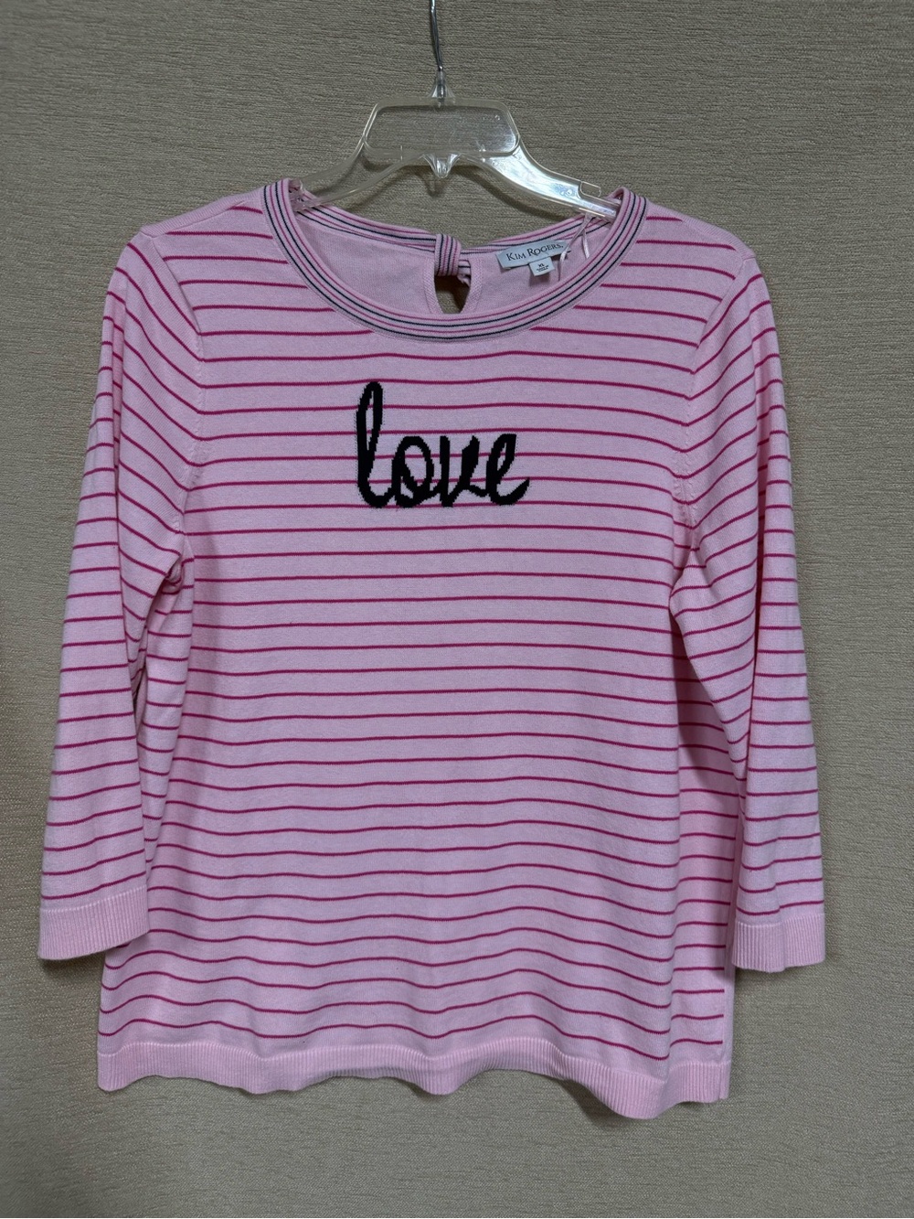 Kim Rogers Pink Striped Crewneck Sweater with 'love' Embroidery